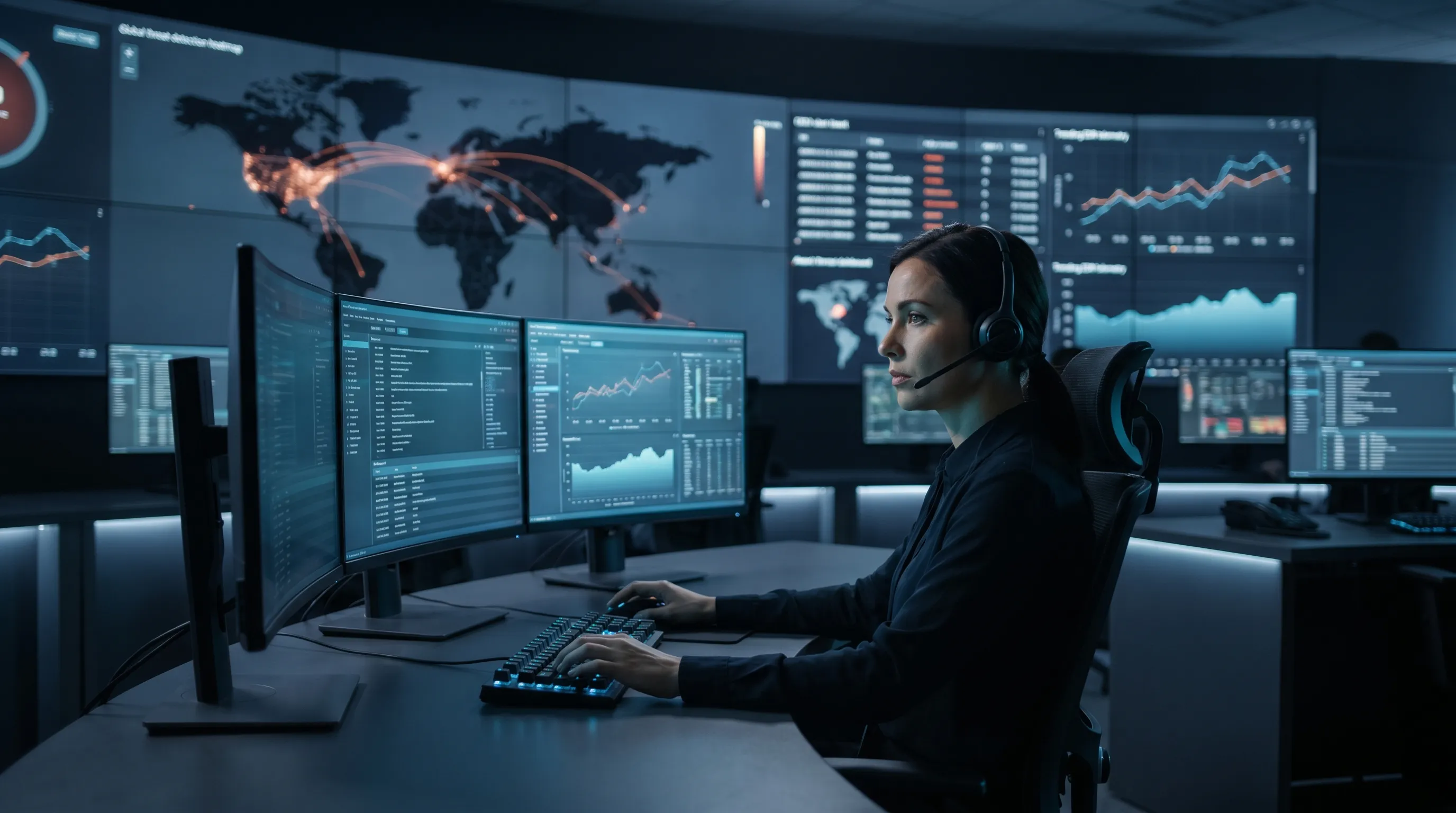 Female security analyst monitoring a 24/7 Security Operations Center in California with global threat-detection dashboards, SIEM alerts, and EDR telemetry.