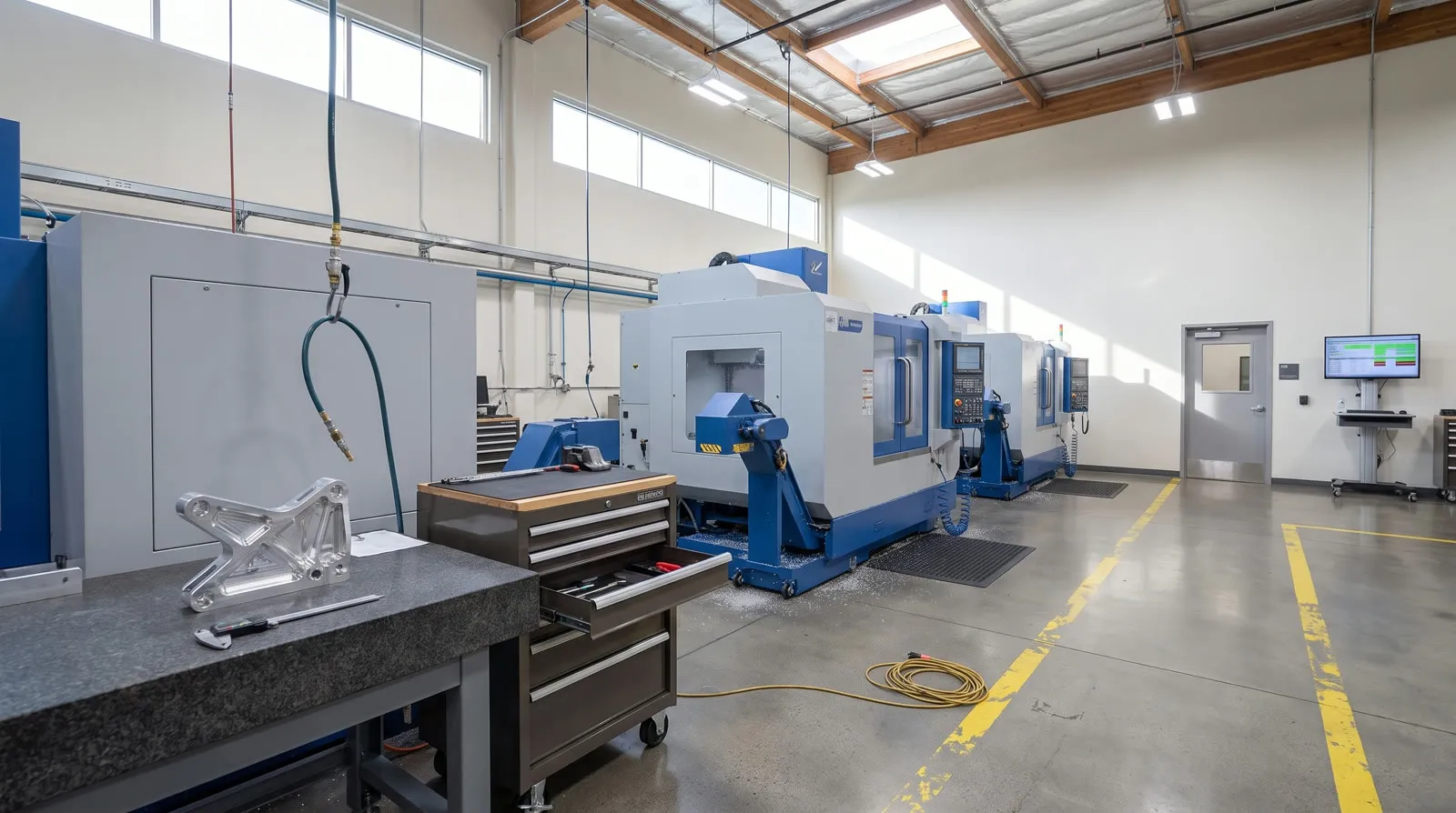 Machined aluminum bracket on a granite bench beside CNC machining centers in a bright workshop