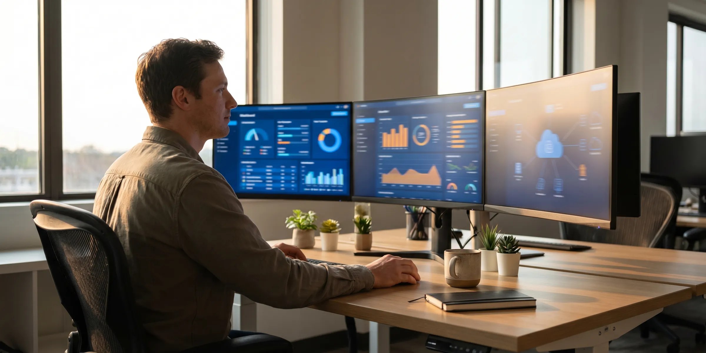 Cloud engineer monitoring AWS and Azure dashboards across three monitors