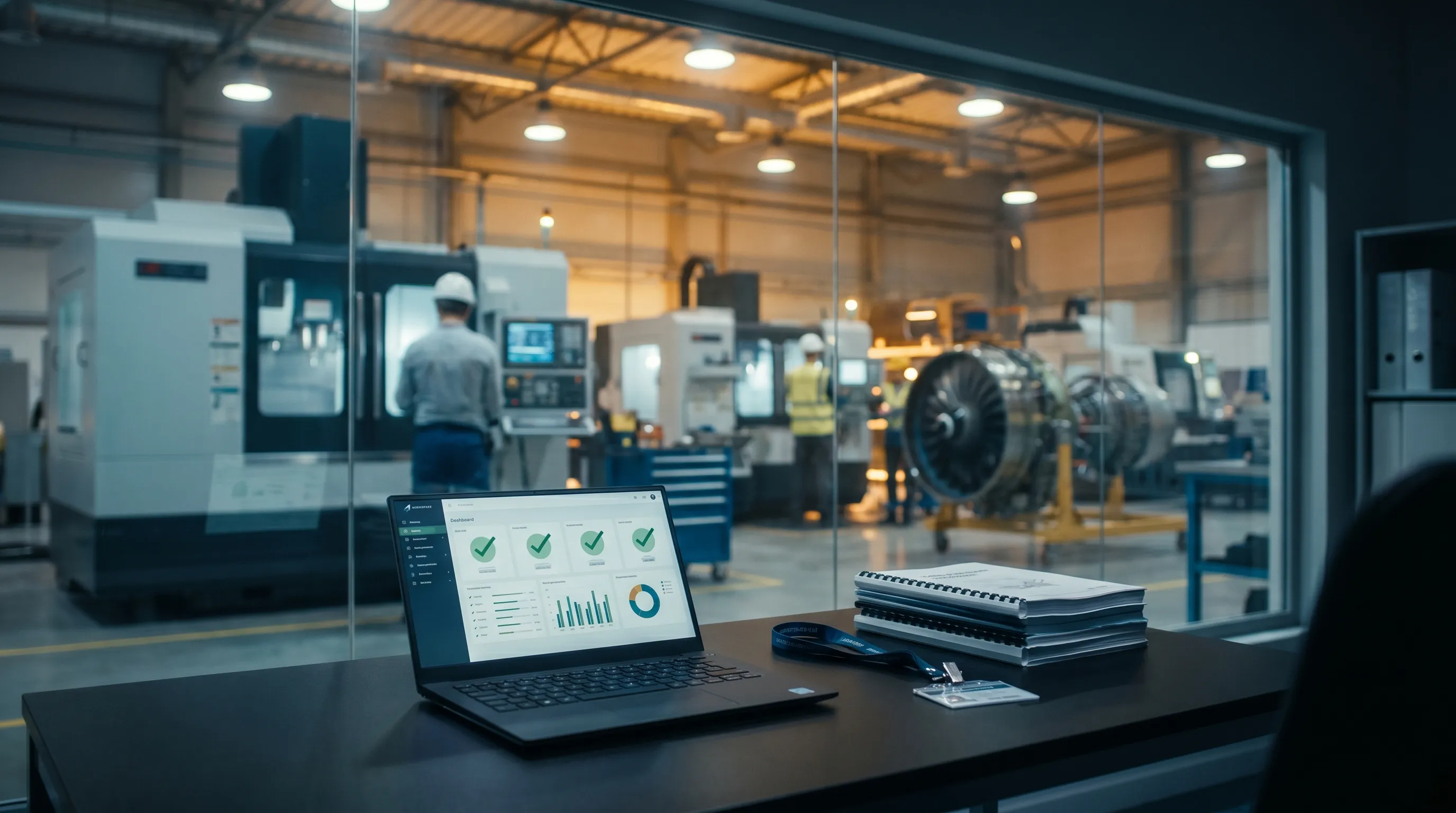 Defense-supplier compliance dashboard on a laptop with an aerospace machining floor visible through a glass office window, illustrating CMMC 2.0 readiness for Southern California suppliers.