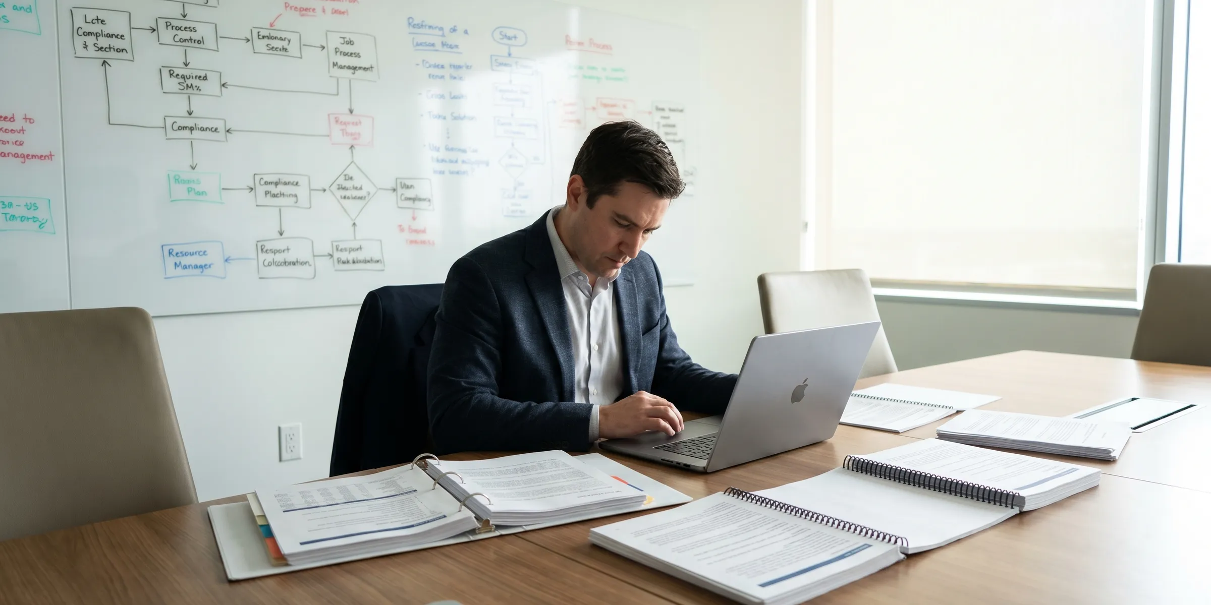 Compliance officer reviewing audit binders and process flowcharts