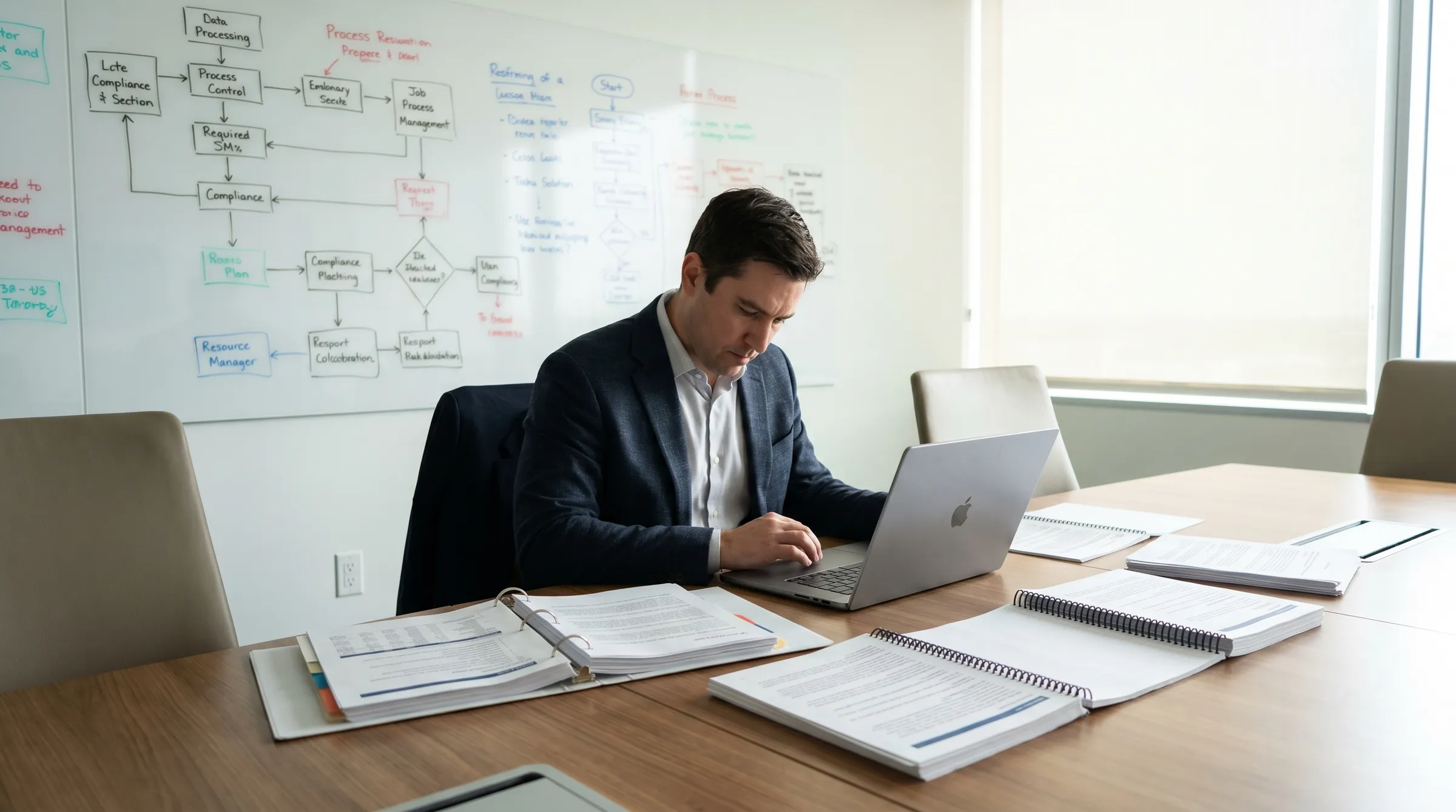 Compliance officer reviewing audit binders and process flowcharts