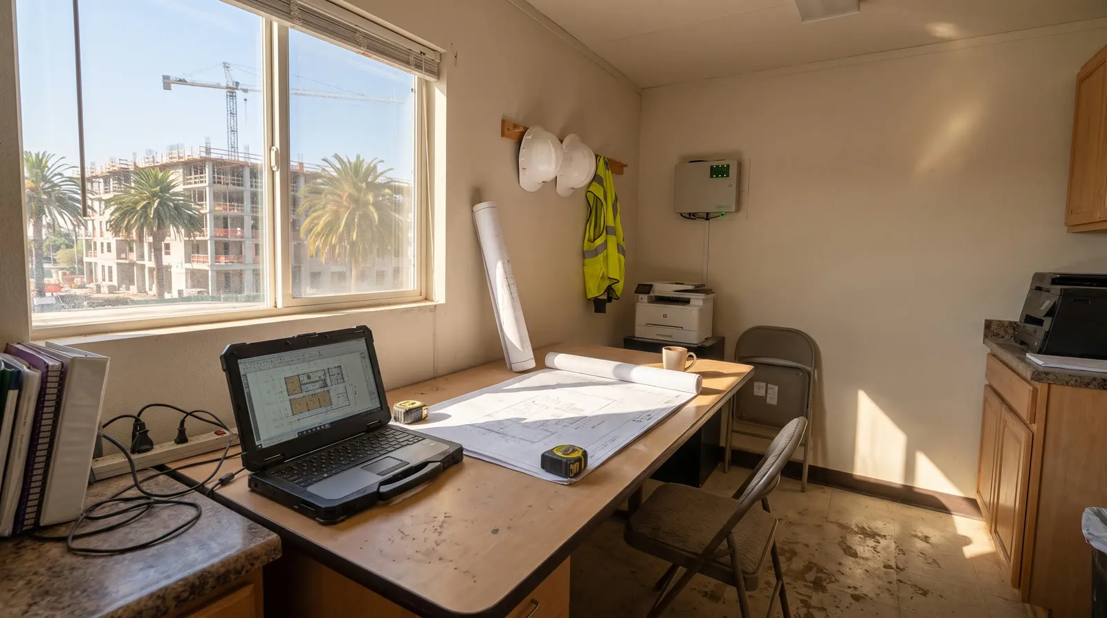 Site trailer desk with rugged laptop, blueprints and tape measure, a building under construction outside