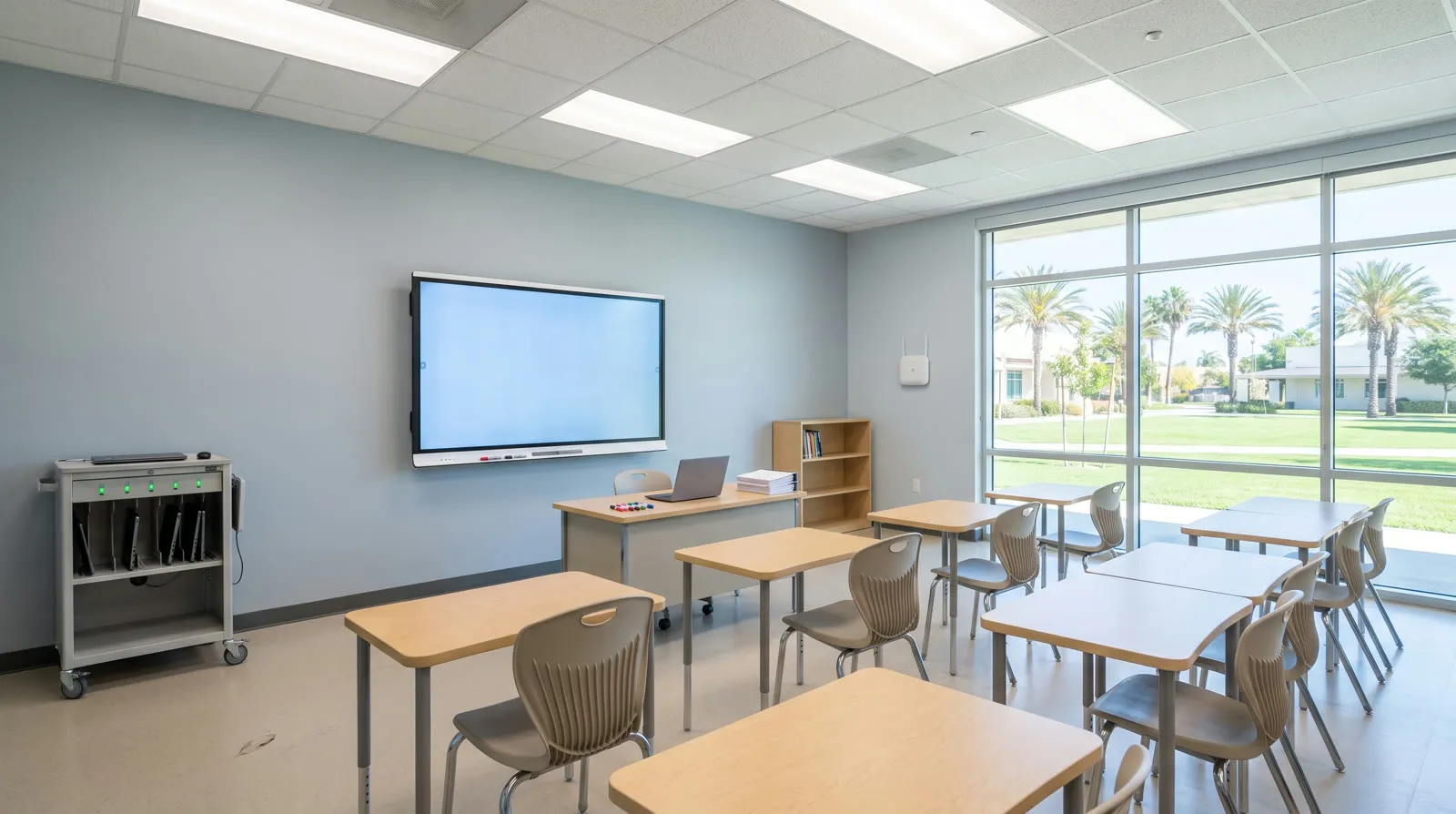 Empty classroom with wall-mounted display, student desks and chairs, and tall windows onto lawns