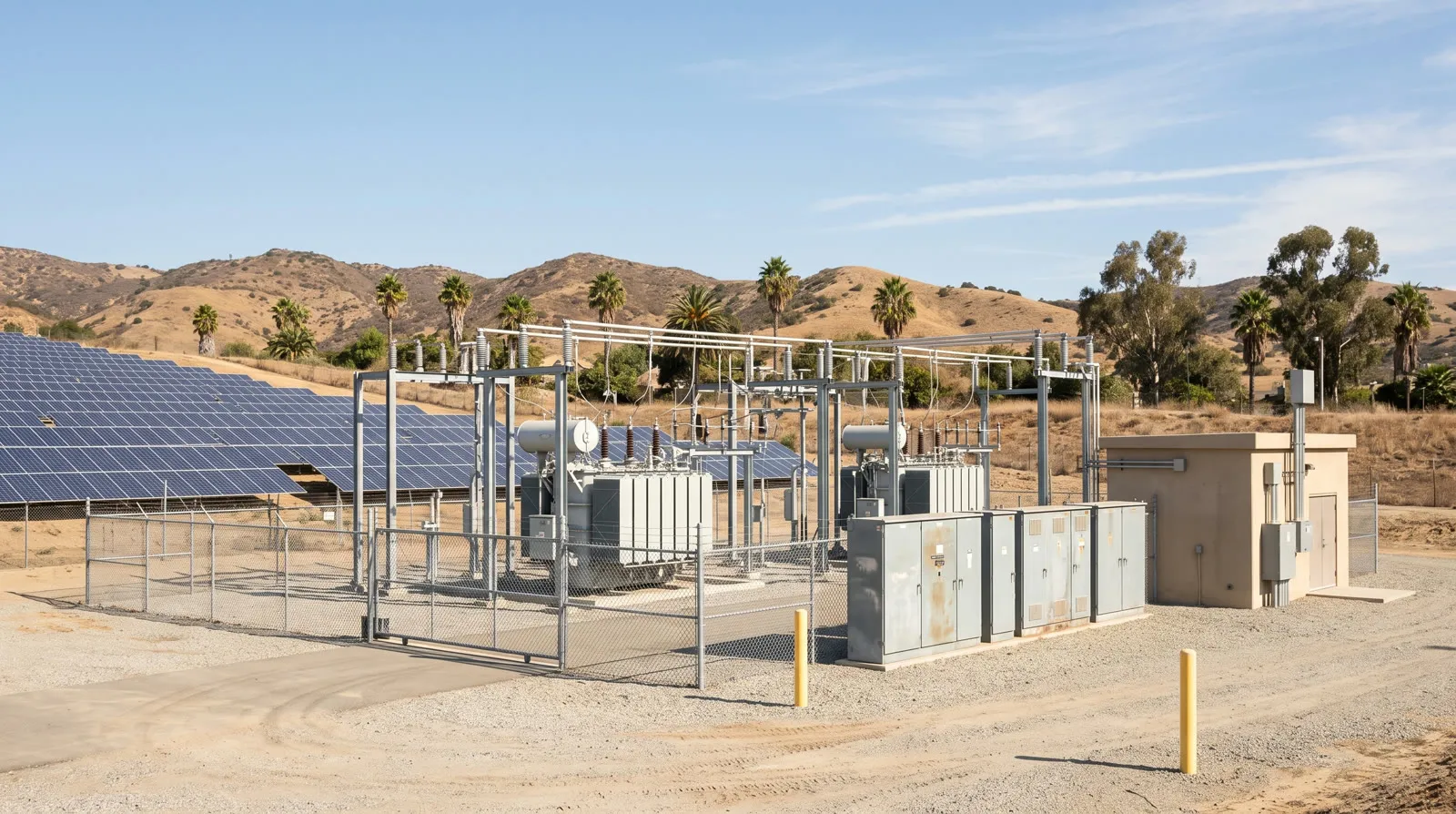 Electrical substation with transformers and switchgear beside a solar panel array on dry hills