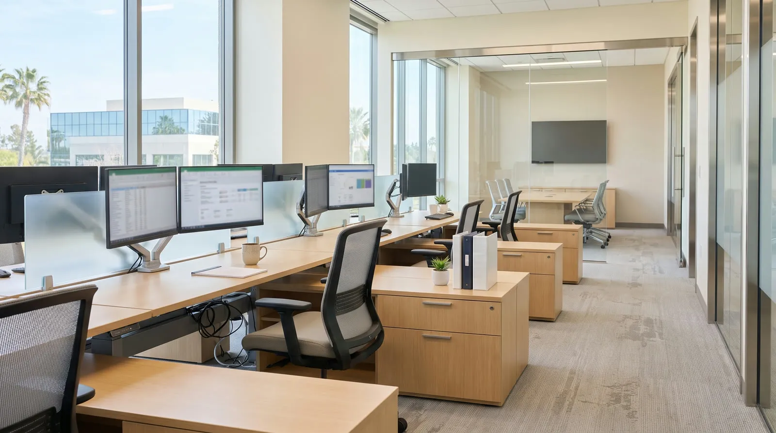 Open-plan office with dual-monitor desks, task chairs, and glass-walled meeting rooms in daylight