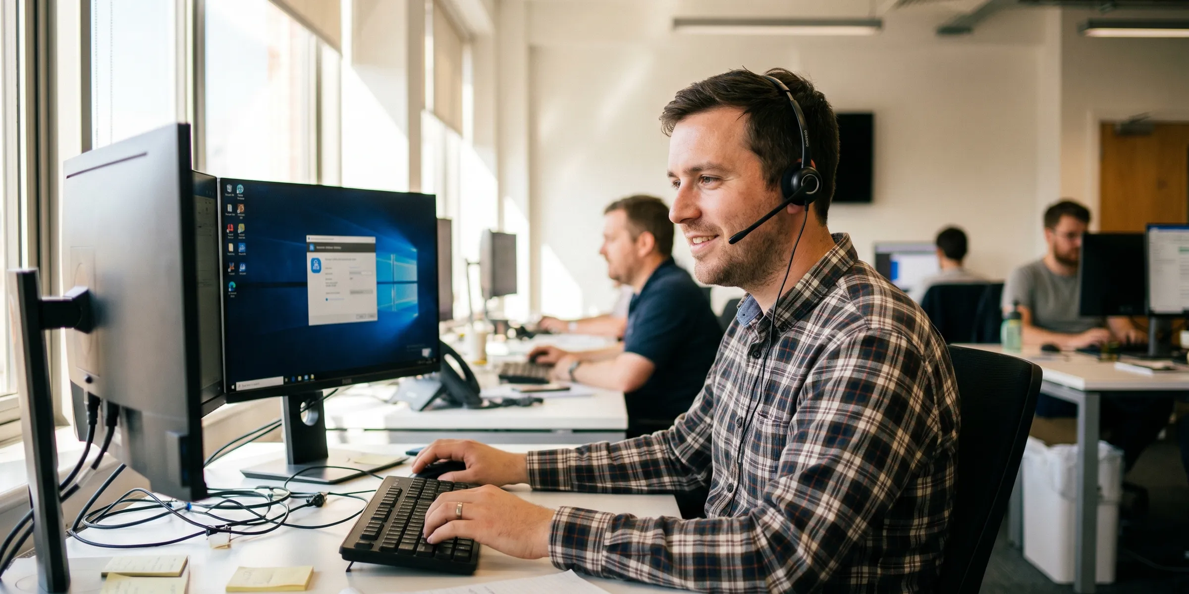 Friendly help desk technician with headset assisting a remote user