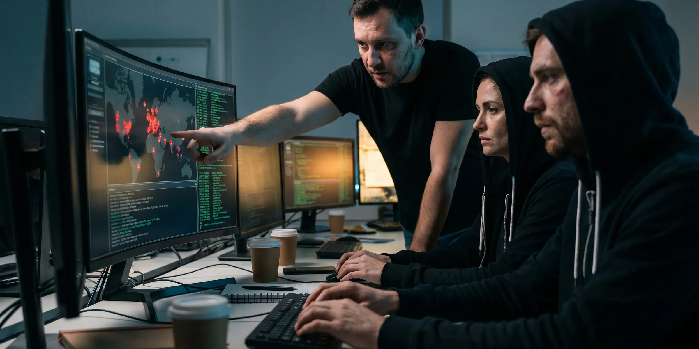 Cybersecurity incident response team analyzing breach alerts