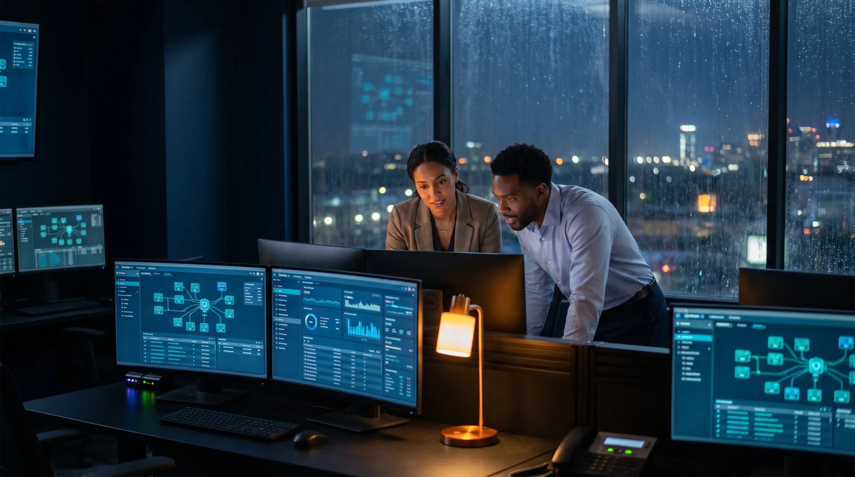 Security professionals reviewing cybersecurity dashboards in a modern operations center. AdVran insights