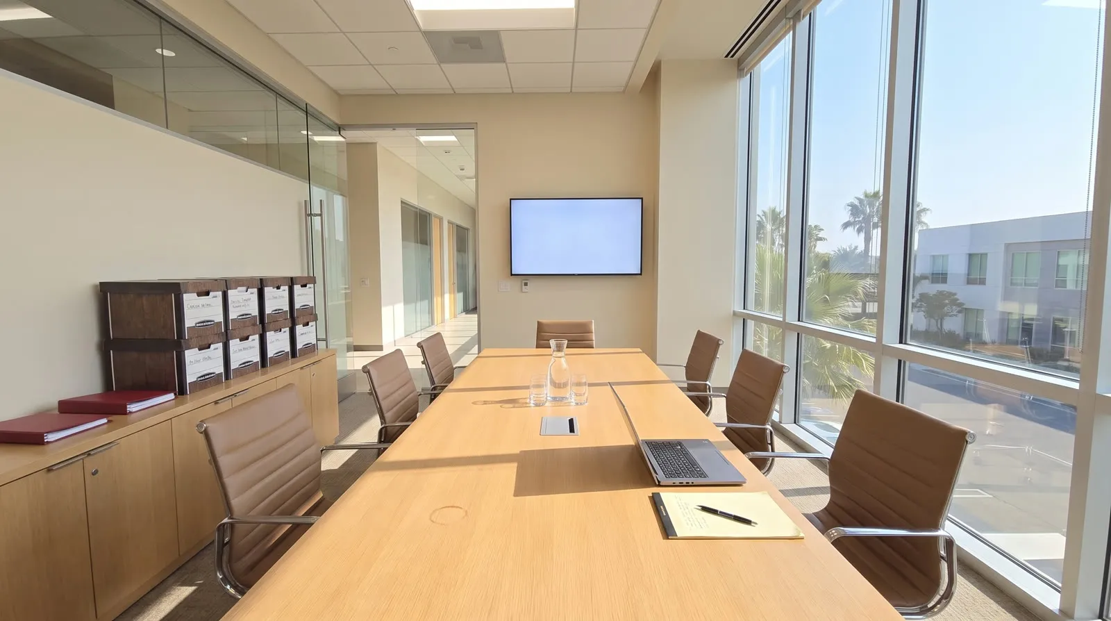 Conference room with long wood table, brown leather chairs, and a laptop by tall windows
