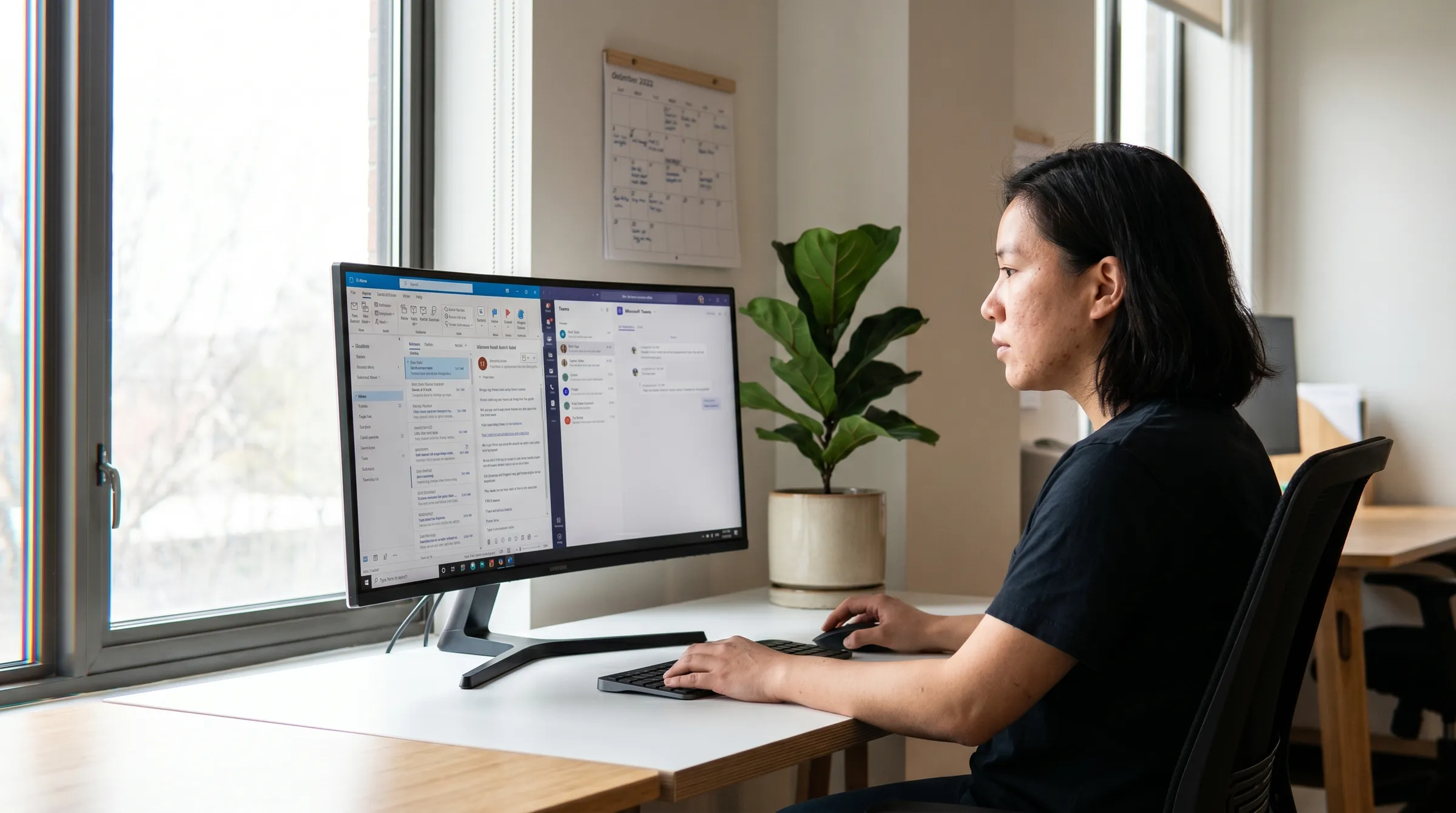 Microsoft 365 power user reviewing email and Teams on an ultrawide monitor