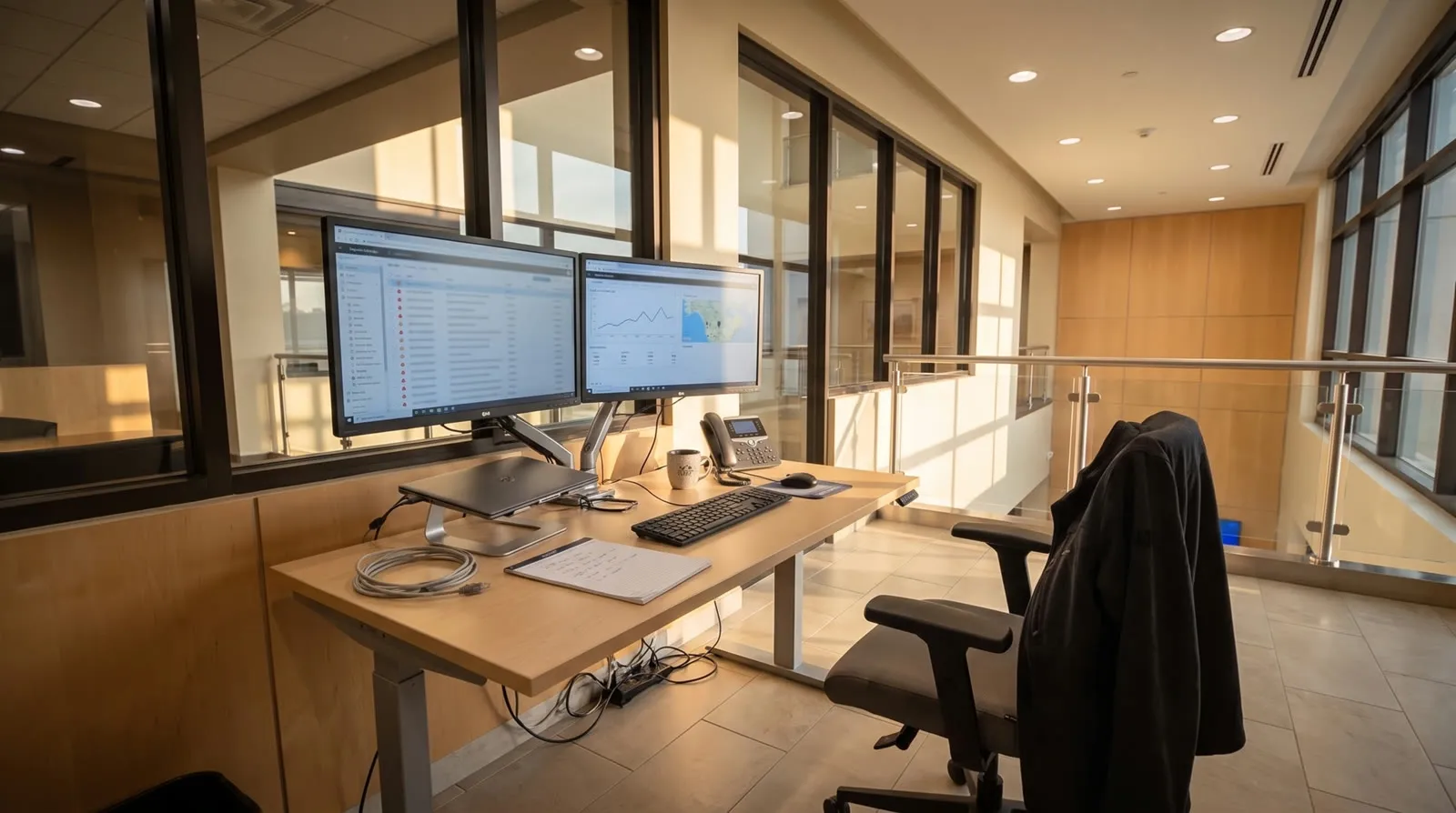 Two monitors showing security dashboards on a standing desk, beside a notebook and mug