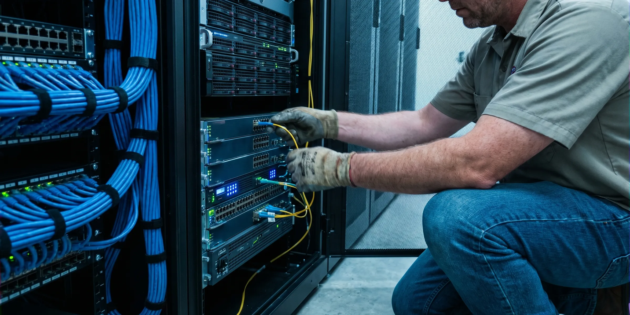 Network engineer patching fiber optic cables in an enterprise rack